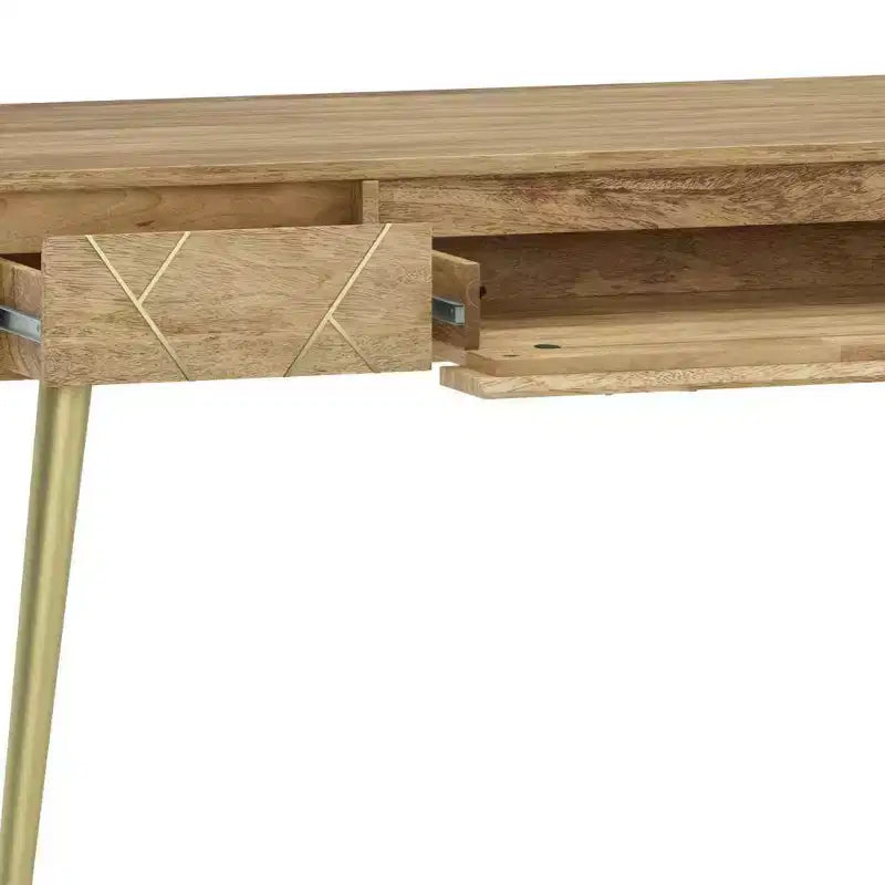WyndenHall Bissell Desk Natural: Mid-Century Modern Style, Mango Wood & Metal Frame, File Cabinet Included