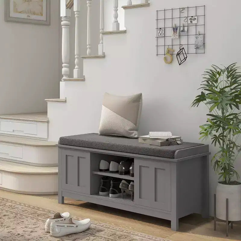 HOMCOM Entryway Shoe Bench Storage Ottoman with Adjustable Shelving, 6 Compartments, and Padded Seat